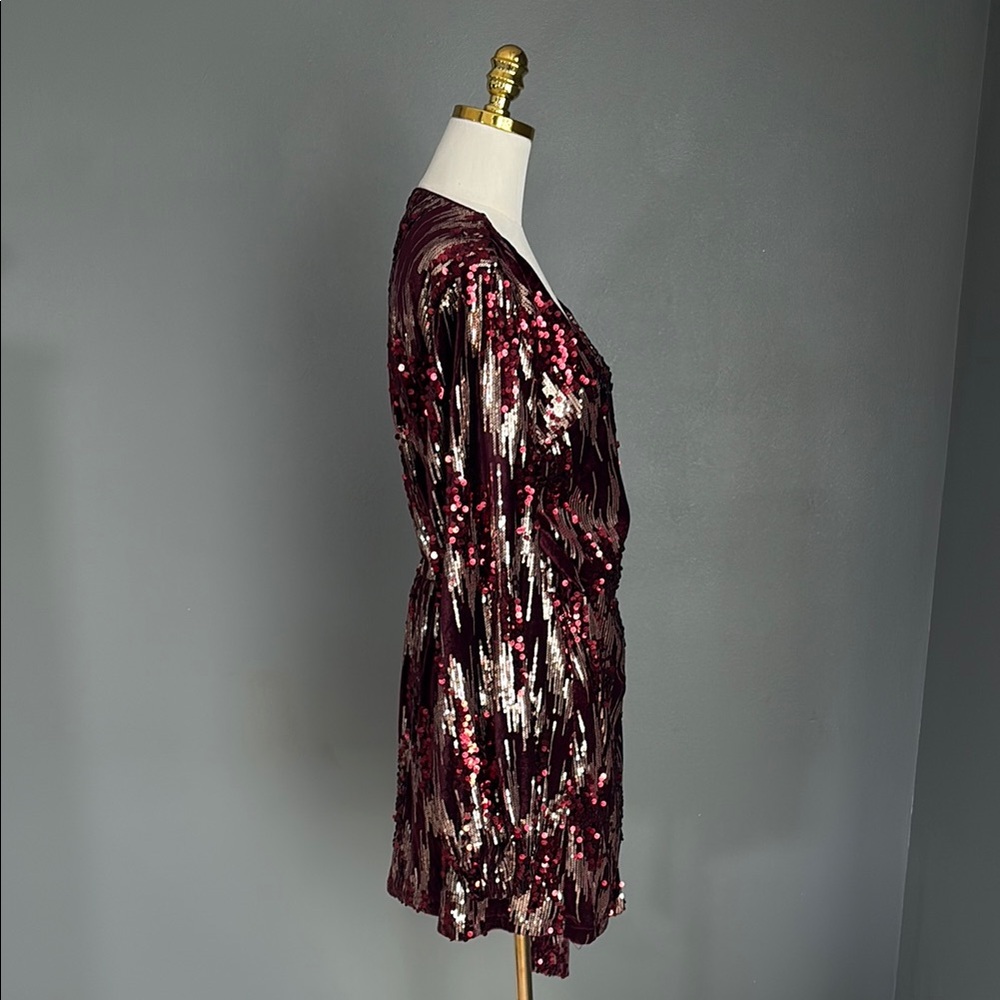 Lena Elegant Burgundy Sequin Wrap Dress - Picture 4 of 8